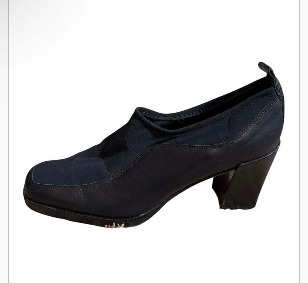 Donald J Pliner Black Stretch Nylon and Leather Square Toe Block Heel Pumps